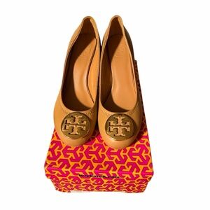 Tory Burch Camel with Gold Logo Wedges